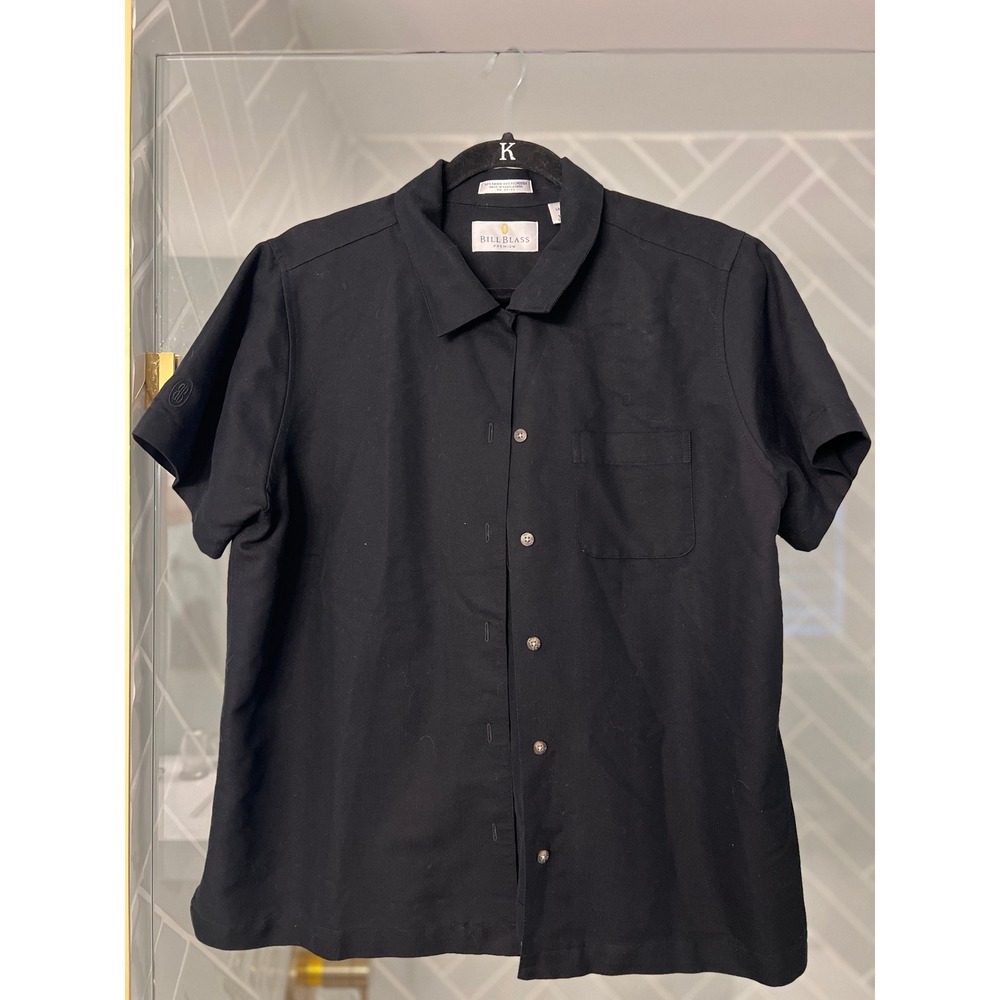Bill Blass Premium Womens Black Short Sleeve Button Down Shirt Rayon Blend